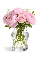 Fototapeta premium Pink Peony and Rose Bouquet in Glass Vase Isolated on White Background, Floral Arrangement