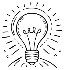 Drawn Lightbulb with Burst of Light, Black and White, Idea Concept