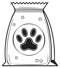 Monochrome vector illustration of a pet food bag with an animal paw print, isolated drawing for branding or advertisement