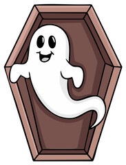 Cartoon ghost smiling and floating inside a coffin illustration