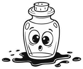 Surprised cartoon glass bottle with wide eyes and spilled liquid