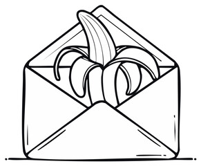 Peeled banana emerging from open envelope, whimsical line art illustration