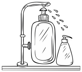 Outline illustration of a hand wash dispenser, shower, and a bottle with droplets