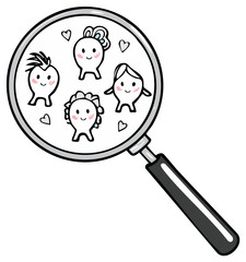 Cute tooth characters under magnifying glass for dental care illustration