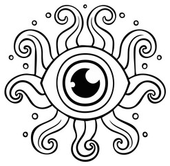 Stylized Eye Icon with Curled Extensions Black and White Illustration
