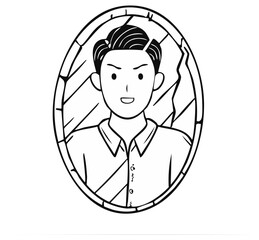 Man's portrait reflected in a cracked oval mirror with determined expression