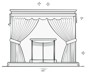 Stage illustration with curtains, table, and decorative elements