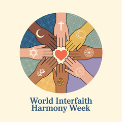 Diverse hands forming a heart with religious symbols for World Interfaith Harmony Week unity
