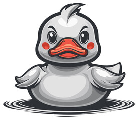 Cartoon Duckling Floating in Water, Angry Expression, Cute Baby Animal, Vector Illustration