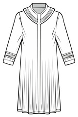 Outline drawing of long robe or coat featuring a detailed collar and sleeve embroidery with front closing. Simple garment design for apparel concepts.