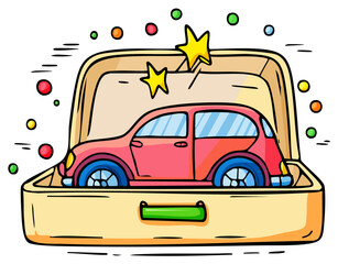 Playful Red Toy Car in Open Yellow Box with Gold Stars and Floating Circles Vector Illustration