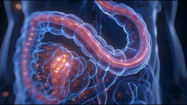 Human Digestive System with Inflamed Intestine.