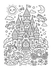 Fototapeta premium Princess Castle Coloring Page, Cute Fantasy Line Drawing for Children