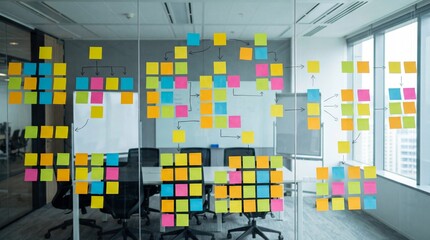 A modern office space with a creative brainstorming session in progress