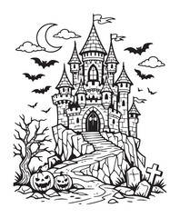 Fototapeta premium Dark Villain Castle Coloring Page, Spooky Tower Line Drawing for Children