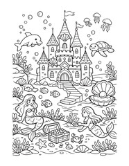 Obraz premium Underwater Mermaid Castle Coloring Page, Ocean Fantasy Line Drawing for Children