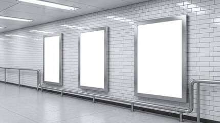 Three Blank Advertisement Display Posters in a Subway Tunnel. The scene features three empty advertisement posters lined up in a row in a subway tunnel