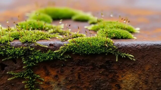 Moss Growing on Wet Stone Surface.
