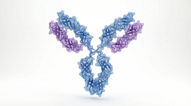A 3D rendering of an antibody molecule, a Y-shaped protein crucial for the immune system's defense against pathogens.