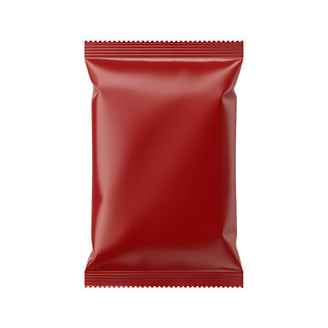 A single, empty red foil packaging bag with sealed serrated seams, isolated on white for product presentation