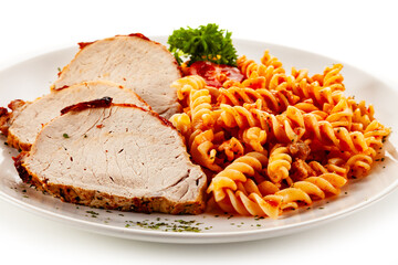 Roast pork loin cutlets with tomato pasta on white background