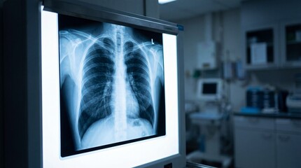 X-ray medical image of lungs shown in a healthcare environment. The image is on a light box in a medical office or hospital, showing the details of the patient's respiratory system.