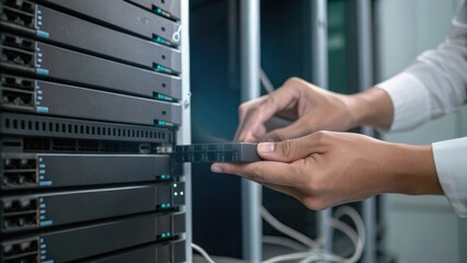 A technician inserts a device into a server rack, showcasing technology and data management in a modern workspace.