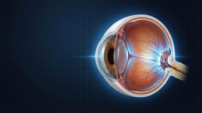 Anatomical illustration of the human eye, showcasing its intricate internal structures and the optic nerve.
