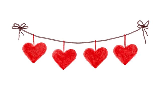 Five red heart shapes hanging on string with decorative bows for love celebration