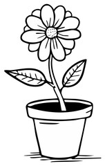 Black and white illustration of a daisy in a pot.