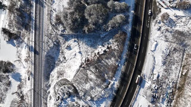 Drone footage, Winter landscape, river, mountain, village in Gapyeong city, South Korea