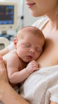 Mother holding her newborn close for skin-to-skin contact, fostering bonding and comfort, vertical shot