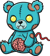 Obraz premium Creepy blue zombie teddy bear cartoon character sitting with exposed brains and glowing yellow eyes vector illustration isolated on white background for halloween