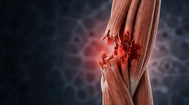 3D rendering of a severely ruptured human muscle with exposed tissue and blood, highlighting a painful injury and internal damage.