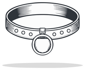 Engraved illustration of a dog collar with a tag, vintage style