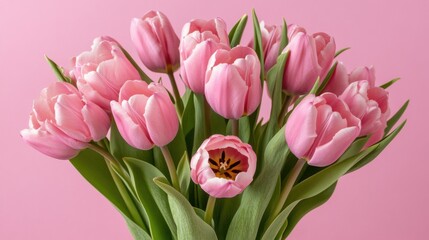 Obraz premium Charming bouquet of soft pink tulips against a gentle pink backdrop offering calm