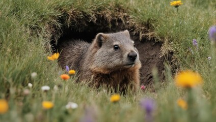 Fototapeta premium Groundhog emerging from burrow in a field of wildflowers.
