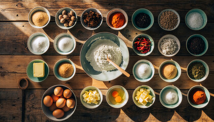 Assortment of fresh baking ingredients and colorful spices arranged in bowls on a rustic wooden table top.