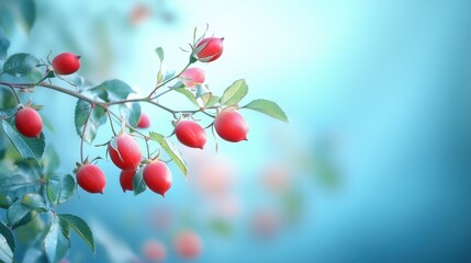 Obraz premium Delicate rosehip branch with vibrant red berries against ethereal blue gradient