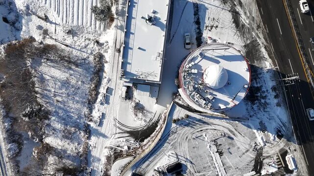 Drone footage, Winter landscape, river, mountain, village in Gapyeong city, South Korea