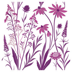 Fototapeta premium Purple wildflowers set on a white background.