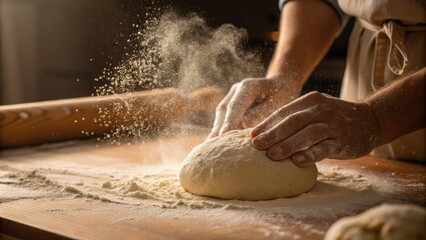Hands kneading dough with flour in a rustic kitchen setting, emphasizing the art of baking and culinary craftsmanship.