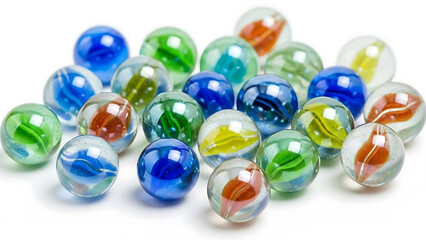 Fototapeta premium A scattered collection of colorful glass marbles with swirling patterns on a white background