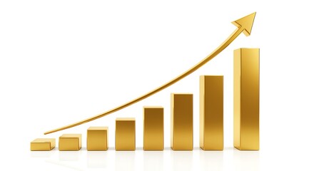 Golden bar chart with upward trend arrow on white background