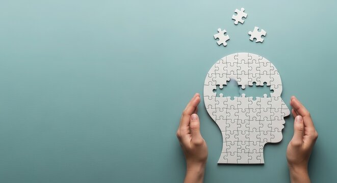 Hands holding a human head shape made of puzzle pieces with some pieces missing against a blue background