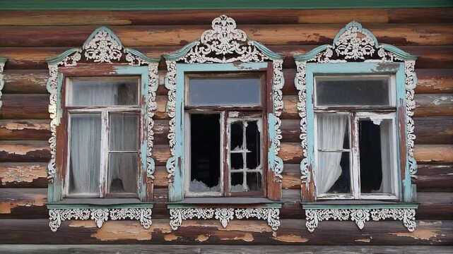 Old wooden house facade with carved window frames reflecting cultural heritage