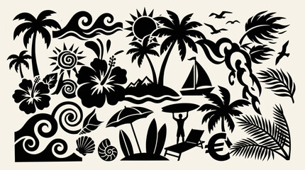 Black-and-white tropical beach silhouette with palm trees, sailboat, sun and waves for elegant decorative art and design projects © Sultan Desain