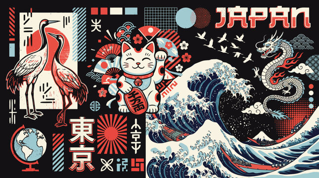 Vibrant Japan-themed collage with Maneki-neko, Great Wave, cranes, red sun and ukiyo-e motifs in bold blue, red and black