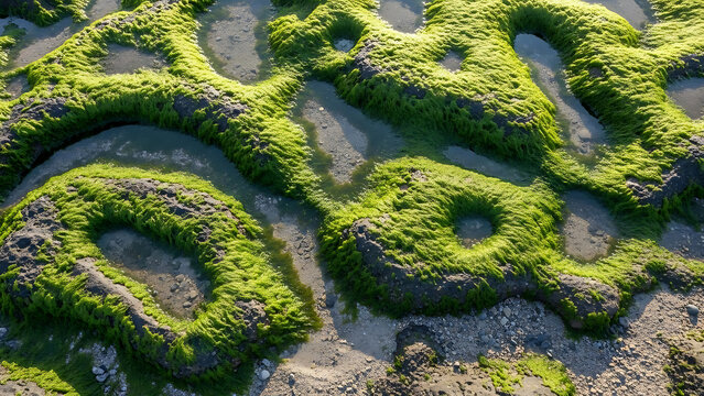 Vibrant green moss covers dark rocks with tidal pools reflecting sunlight tide
