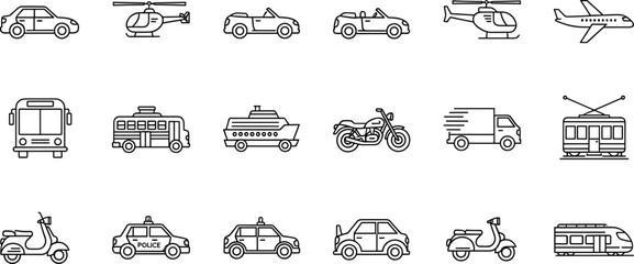    Black and White Transportation Icons Featuring Cars, Airplanes, Scooters, Buses, Ships, and Emergency or Public Vehicles © Mahbub